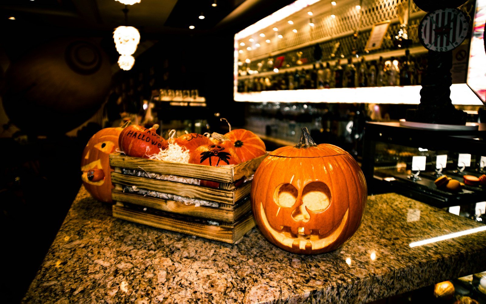 Carved jack-o'-lanterns lit up for Halloween