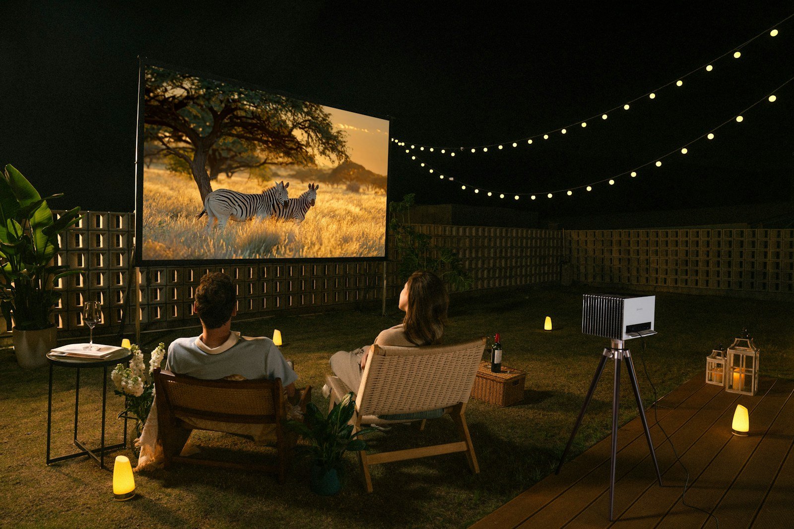 Outdoor movie night on a lawn under string lights